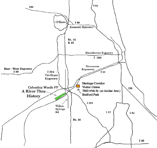 Columbia Woods in relation to Chicago