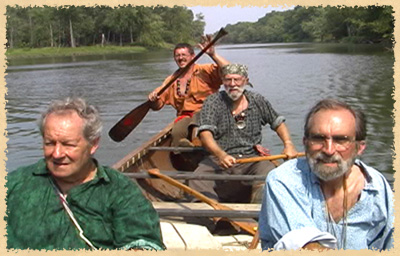 Voyageur brigades compete daily against each other in canoe races on the Des Plaines River.